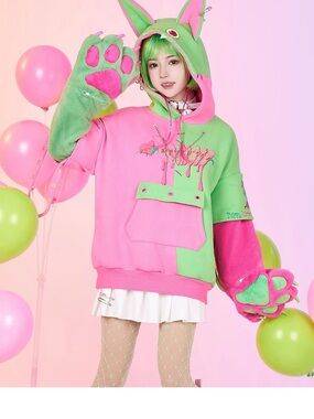 Pastel Pink & Green Bunny-Ear Hoodie Sweater - Playful Crew s/m